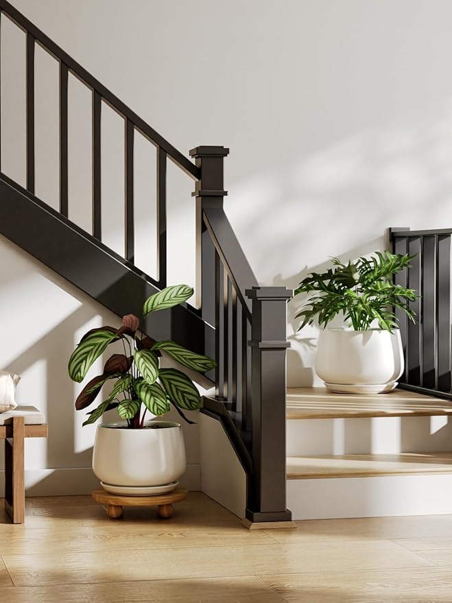 LE TAUCI Ceramic Plant Pots, Set of 2, 10 + 12 Inch Plant Pot, Elegant Planters for Indoor Plants, Sturdy Planter with Drainage Hole and Saucers, Perfect for Home Decor, White