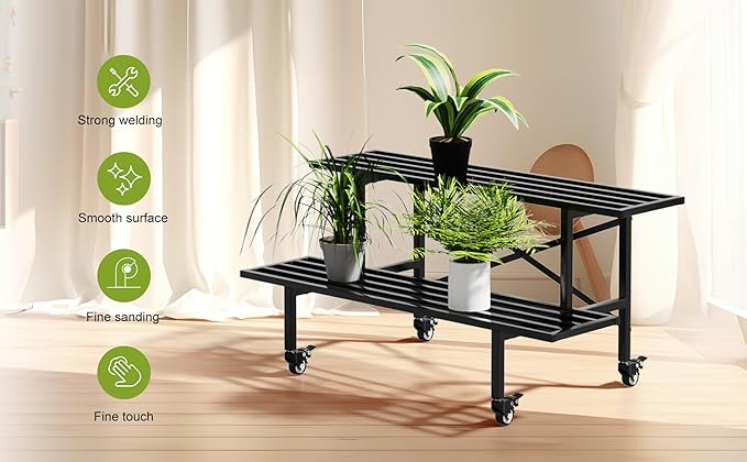 Zhongma 2 Tier Sturdy Metal Plant Stand with Wheels, L35.43 x W17.5 x H16.14 inch, Heavy Duty Plant Holder for Home Indoor and Outdoor,440 LBS Capacity & Heavy Duty Construction