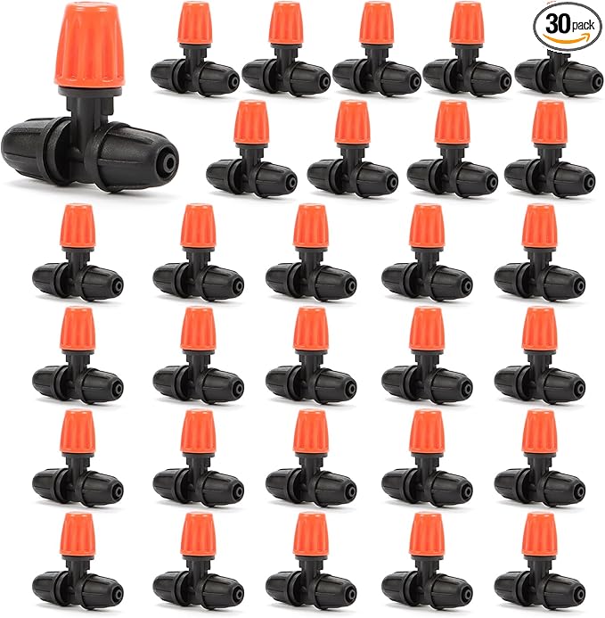 Three-Way Atomizing Nozzle for 1/4 inch Drip Irrigation Tubing, 30 Pcs Adjustable Micro Spray Irrigation Emitters with Anti-leak Lock Nut No Leak Barbed Emitter Fittings for Sprinkle System