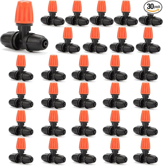 Three-Way Atomizing Nozzle for 1/4 inch Drip Irrigation Tubing, 30 Pcs Adjustable Micro Spray Irrigation Emitters with Anti-leak Lock Nut No Leak Barbed Emitter Fittings for Sprinkle System