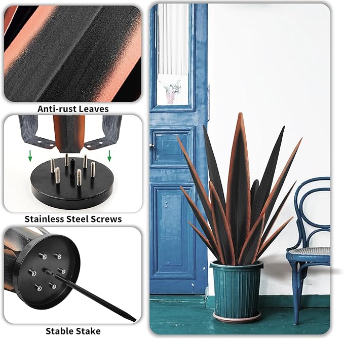 Large Tequila Rustic Sculpture, Rustic Metal Agave Plants for Outdoor Patio Yard, Home Decor Hand Painted Metal Agave Garden Yard Statue, Outdoor Lawn Ornaments Yard Stakes (Black - M)