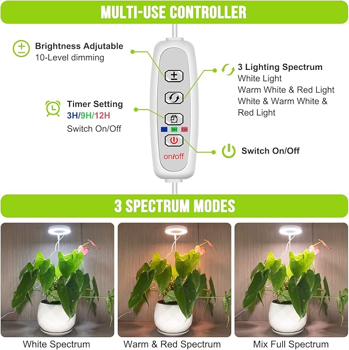 Grow Lights for Indoor Plants, Full Spectrum Halo Growing lamp with Detachable Base, Height Adjustable, 3 Colors, 10 Dimming, Automatic Timer, Plant Light for Small Plants Growing, 2 Pack