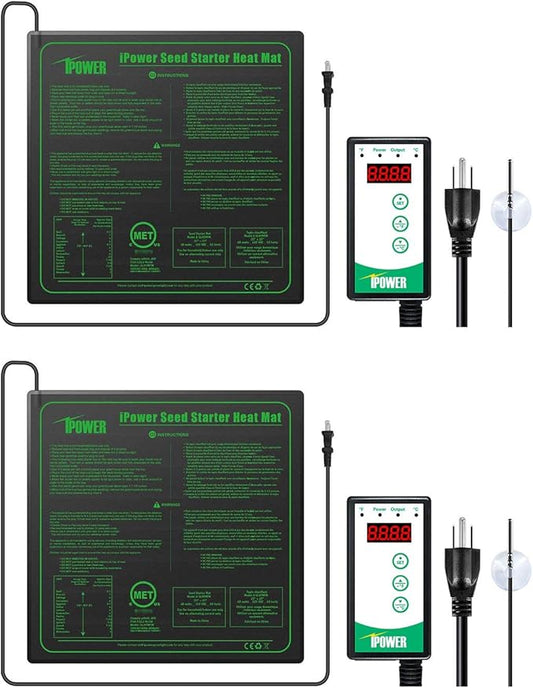iPower 2-Pack 40-108 Degrees Fahrenheit Digital Heat Mat Thermostat Controller and 20" x 20" Hydroponic Seeding Warm Pad Plant Starting Kit Combo
