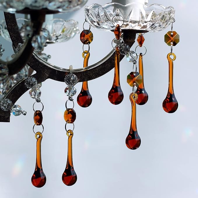 12pcs Raindrop Crystal Chandelier Parts, 53mm Hanging Crystals Glass Beads for Window, Curtain Decoration (Amber)