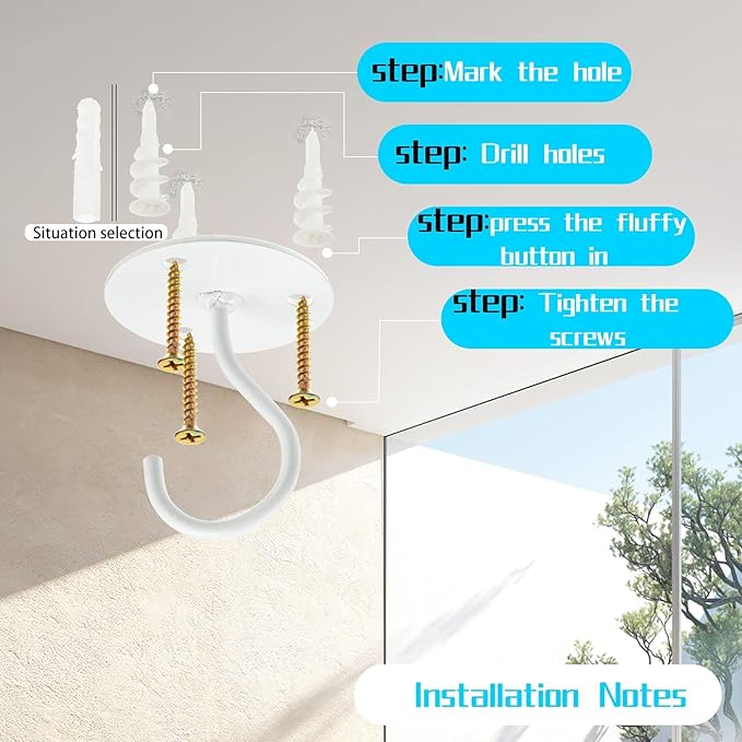 Ceiling Hooks for Hanging Plants- Metal Heavy Duty Wall Mounted Hangers for Hanging Bird Feeders, Planters, Wind Chimes, Include Professional Drywall Anchors (5 Pack) (Bright White)