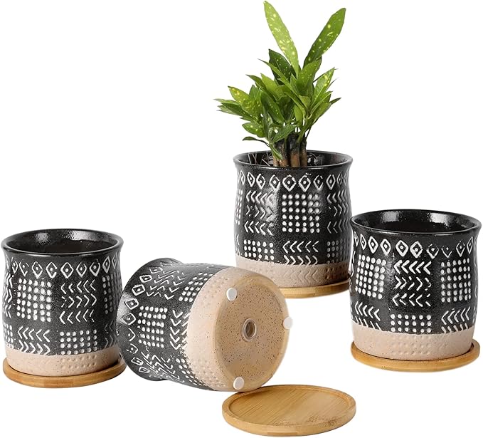 OMAYKEY 4 Inch Ceramic Plant Pot with Tray, Retro Black Small Planters Pots with Drainage Hole & Mesh Pads for Succulent, Indoor Flowers, Snake Plants, Cactus, Herbs, Aloes - 4 Packs