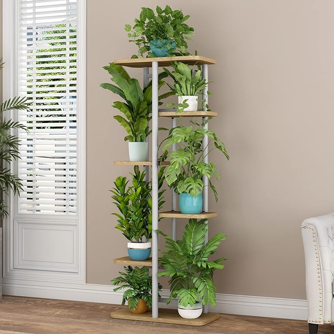 LINZINAR Plant Stand 6 Tier 7 Potted Multiple Flower Pot Holder Shelf Indoor Outdoor Planter Display Shelving for Patio Garden Corner Balcony Living Room (6 Tier-7 Potted, White)