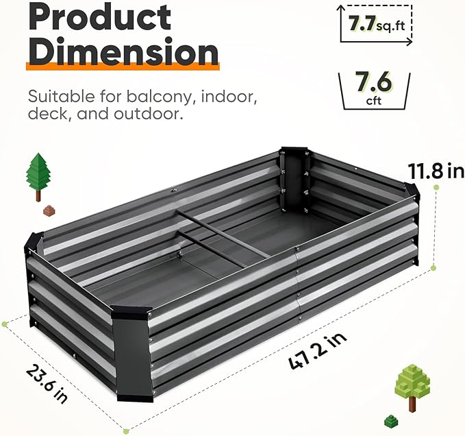 KING BIRD Raised Garden Bed Kit with Bottom 2025 Upgraded Galvanized Planter Garden Box Outdoor & Indoor for Gardening, Vegetables, Flowers, Dark Grey, 47.2x23.6x11.8 in