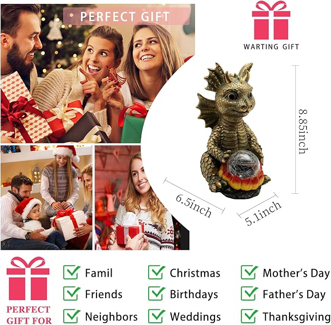 Solar Garden Statue Dragon Figurine with 7-Color Changing Solar Crackle Globe Lights- Loving Dragon for Patio,Balcony,Yard, Lawn-Unique Idea Gifts (Grey)