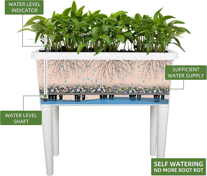 Dexceder 13.2 Gallon Self Watering Raised Garden Bed with Ventilation Transparent Lid Greenhouse, Deepen Vegetable Flower Box Planter Pot with Removeble Legs & Water Level Indicator (White)