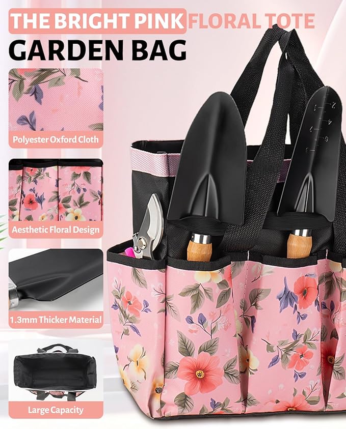 Pink Gardening Tools, Garden Tool Set for Women, 5 Piece Womens Gardening Kit with Garden Hand Tools Pink Floral Garden Bag,Gardening Gifts for Wife (5-Piece Pink)