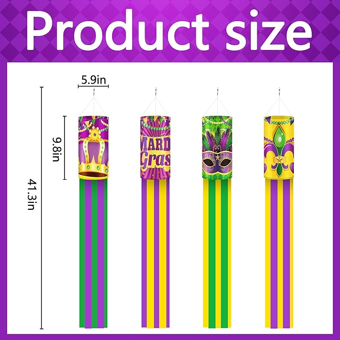 EBaokuup 4 Pcs Mardi Gras Wind Sock,41.3 Inch Mardi Gras Spinners Windsock,Purple Yellow Green Decor Windsock for Home Yard Party Mardi Gras Outdoor Decoration