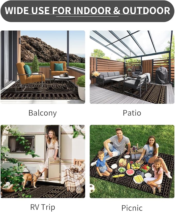 Outdoor Rug Carpet Waterproof 8x10 ft Patio Rug Mat Indoor Outdoor Area Rug for RV Camping Picnic Reversible Lightweight Plastic Straw Outside Rug for Patio Decor Decoration Boho Rug Black Brown
