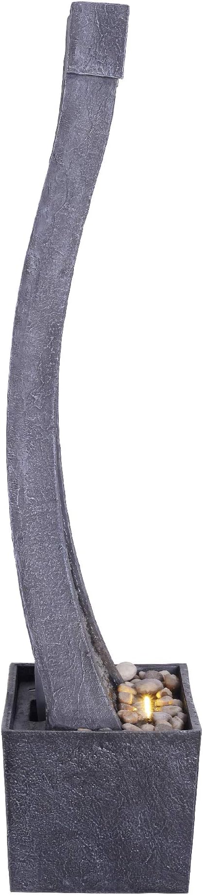 Teamson Home 38.58 in. Modern Curved Faux Slate Waterfall Fountain for Indoors or Outdoors with LED Light Accents and 1.98-Gallon Pump, Black and Stone Gray