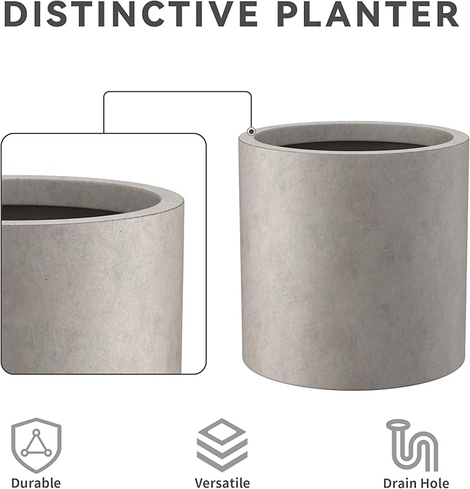 Kante 9.8" Dia Round Concrete Planter, Modern Style Large Cylindrical Plant Pot with Drainage Hole and Rubber Plug for Indoor Outdoor Patio, Weathered Concrete