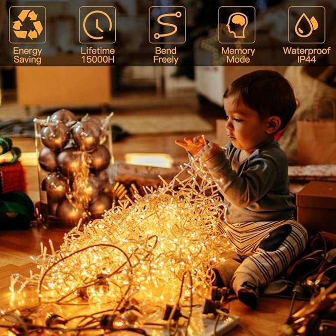 Quntis 328ft 500 LED Christmas String Lights, Waterproof Outdoor/Indoor Fairy Lights 8 Modes Plug in, Warm White Clear Wire for Home Bedroom Wedding Party Holiday Garden Tree Decorations Lighting