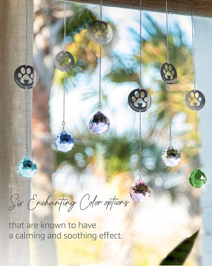 Dog Memorial Gifts, Unique Loss of Pet Sympathy Idea, Green Crystal Ball Rainbow Suncatcher with Paw Print for Cat or Dog Remembrance and Bereavement