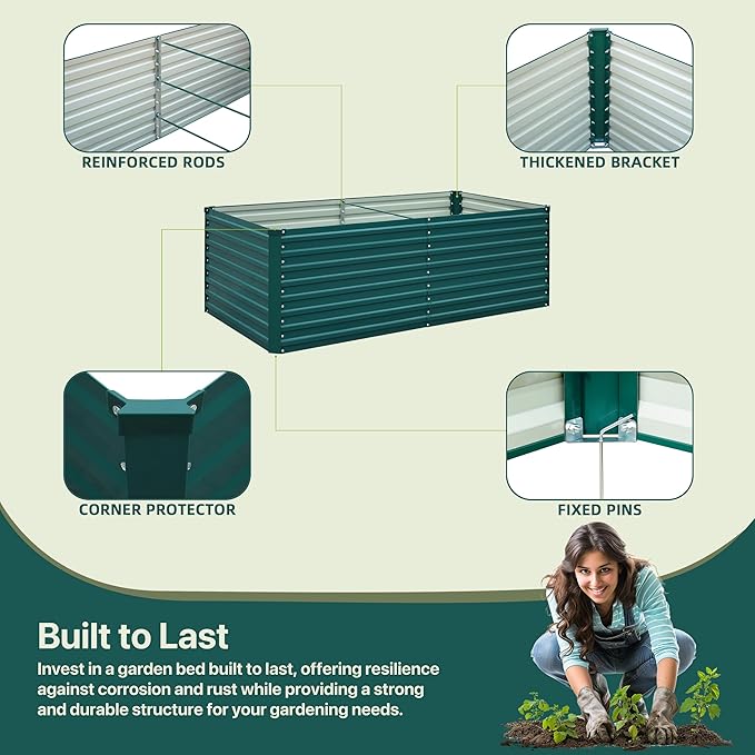 Raised Garden Bed Kit-6x3x2ft-Galvanized Steel-Ideal for Vegetables, Flowers, Herbs-Large Deep Root Planter Box-Tall Design-Includes 3ft x 30ft Weed Barrier Fabric and 1 Pair of Gloves-Green