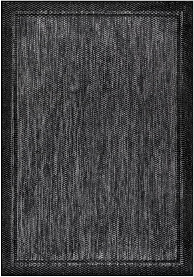 CAMILSON Indoor Outdoor Rug, 5x7 Bordered Dark Grey Black Modern Area Rugs for Indoor and Outdoor Patios, Kitchen and Hallway Mats, Washable Porch Deck Outside Carpet (Bordered Black, 5 x 7)