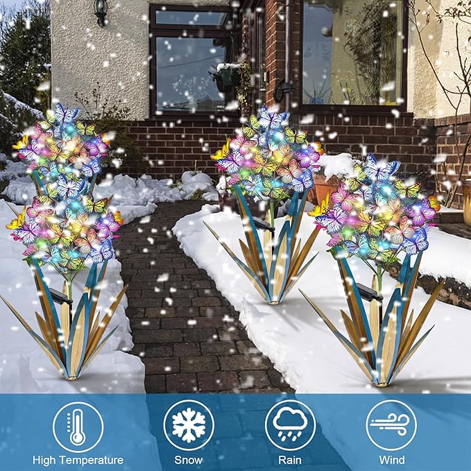 Homight Solar Metal Agave Butterfly Flower Stick Garden Sculpture Outdoor Gift Solar Garden Christmas Lights Swaying Butterfly Sunflower Garden Lights Solar Outdoor (3 PCS Blue)