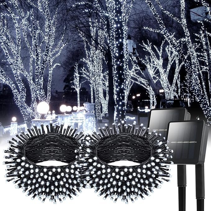 Solar String Lights Outdoor, 2 Pack 200 Led Solar Fairy Lights for Outside Waterproof 145ft Cool White Solar Lights 8 Lighting Mode Solar String Lights for Outside,Garden,Courtyards,Trees