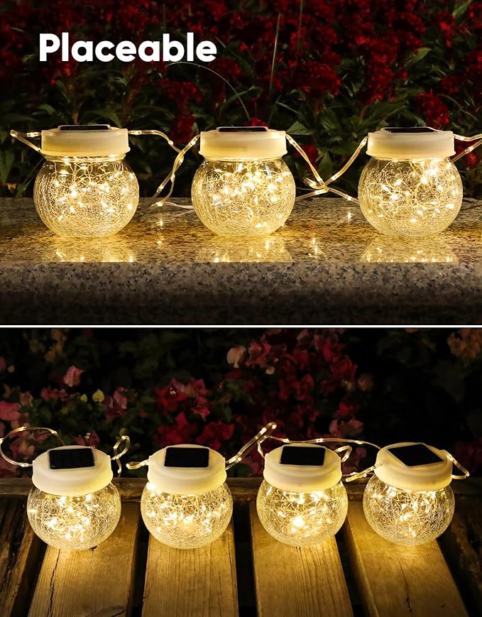 Solar Lantern Solar Lights Outdoor Waterproof 6-Pack, Solar Powered Hanging Lights Cracked Glass Hanging Globes for Christmas Decoration, Shepherd Hook, Garden Tree Ornaments, White Cap, Warm White