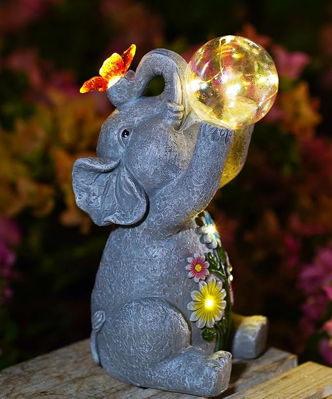 Solar Funny Elephant Statue for Garden: Outdoor Sculptures with Ball Lights and Butterfly Clearance Lawn Ornaments Yard Porch Patio Balcony - Gifts for Mom Grandma