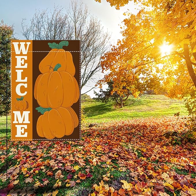 Welcome Fall Garden Flag Autumn Pumpkin Garden Flag 12x18 Inch Double Sided Fall Thanksgiving Holiday Decorations for Yard Home Porch Patio (Flay 1812)