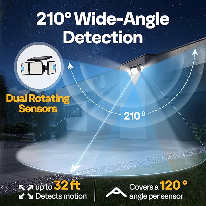 VIVOHOME Linkable Solar Flood Lights Outdoor, 2 Adjustable Motion Sensors Security Lights with 3 Heads, 2500LM, IP65 Waterproof, Solar Powered for Outside, Yard, Porch, Patio