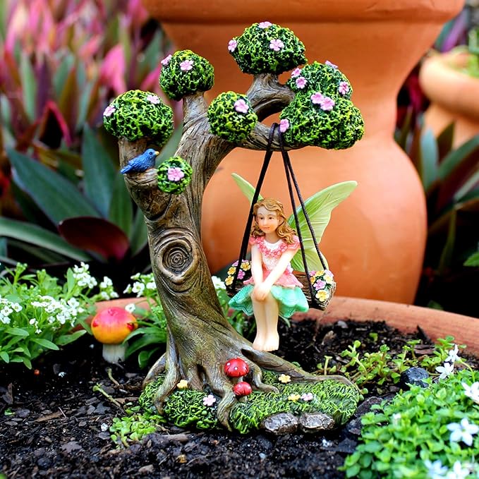 Fairy Garden Accessories Outdoor - Fairy Garden Kit with Fairies for Fairy Garden - Miniatures for an Outdoor Garden, a Fairy Tree Swing, Figurines & Puppy