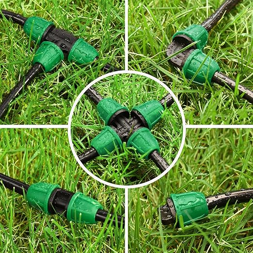 JAYEE 50 Pcs Drip Irrigation Fittings Kit for 1/4 Inch Tubing, Drip Line Parts for Drip Systems - 20 Tee, 12 Coupling, 8 Elbow, 5 Barbed 4-Way Cross, 5 End Closure - Barbed Locked Nuts Connectors