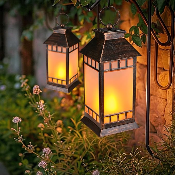 18'' Glass Solar Lantern Outdoor Waterproof, Large Hanging Solar Lanterns with Flickering Flame Lights, Metal Outdoor Lantern Decorative for Patio Garden Backyard Tabletop, Vintage Bronze