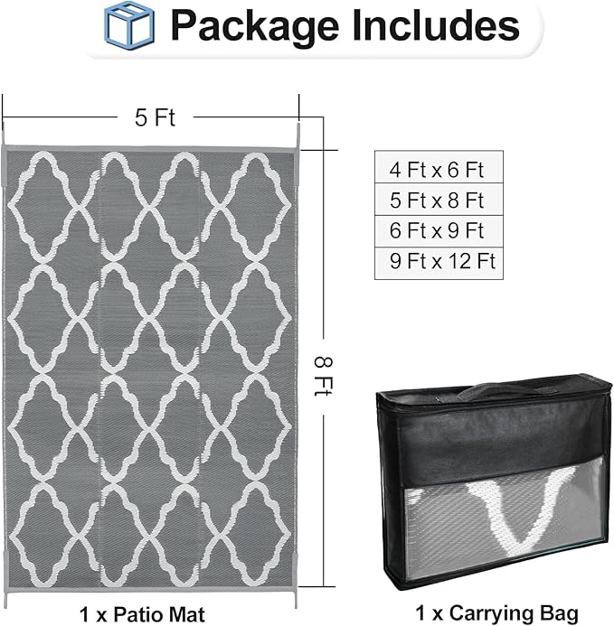 OutdoorLines Outdoor Plastic Area Rugs for Patio 5x8 ft - Reversible Outside Carpet, Stain & UV Resistant RV Mats, Straw Rug for Camping, Deck Garden, Porch and Balcony, Moroccan Grey & Light Grey