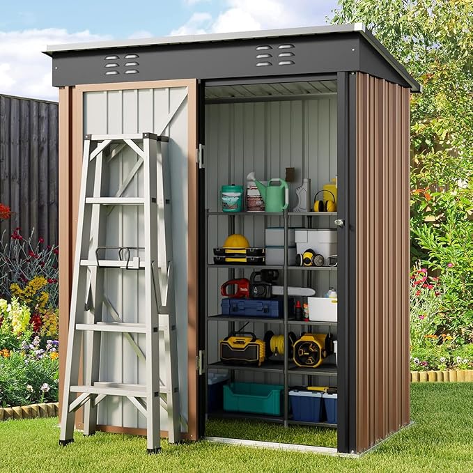 Gizoon 5' x 3' Outdoor Storage Shed with Singe Lockable Door,Galvanized Metal Shed with Air Vent Suitable for The Garden,Tiny House Storage Sheds Outdoor for Backyard Patio Lawn-Brown