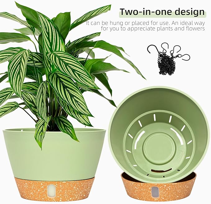QCQHDU 2 Pack Hanging Planters for Indoor Outdoor Plants, 10 Inch Hanging Baskets Flower Pots with Reservoir Tray & Visible Water-Level
