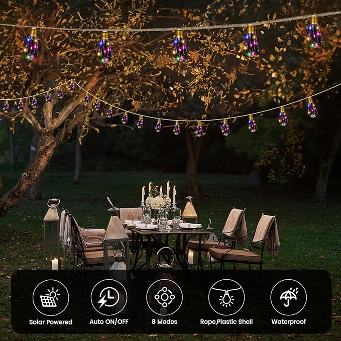 Solar Outdoor String Lights 24FT Vintage Rope Hemp Solar Lights with 20 Shatterproof Bulbs,8 Modes Solar Powered String Lights with Memory Function, Waterproof for Garden,Camping,Café(Multicolor)