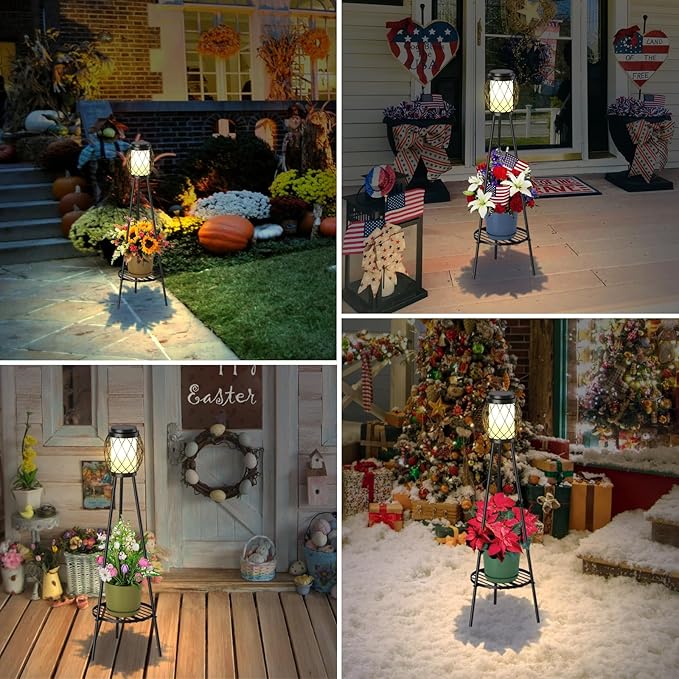 Solar Lights Outdoor with Plant Stands 2 Pack, Solar Floor Lamp Metal Tripod Patio Lights for Garden Yard Pathway Driveway Front/Back Porch Decoration