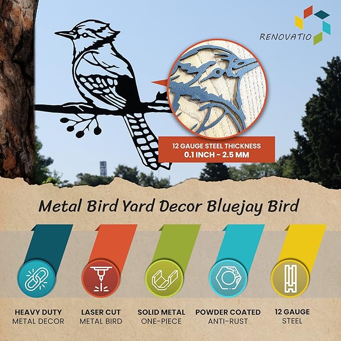 Renovatio Metal Bird Decor – Rustic Bluejay Decoration, Metal Garden Sculpture, Outdoor Tree Ornaments – A Unique Outdoor Yard Decor – Bluejay (Black)