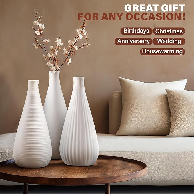 White Vases Home Decor Modern Ceramic Decorative Vases for Home Decor, Flower Vases & Centerpiece, Minimalist Design Set of 3
