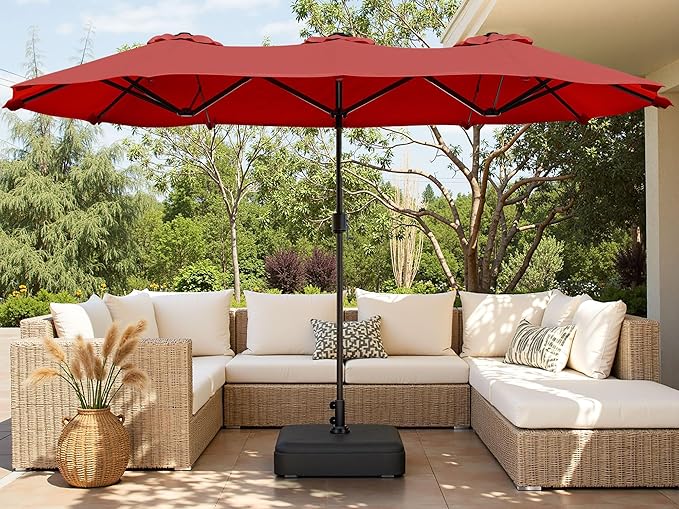 Shintenchi 16FT Large Patio Umbrella with Base, Outdoor Double-Sided Rectangular Umbrella, Market Umbrella with Crank Handle for Poolside Lawn Garden, Red