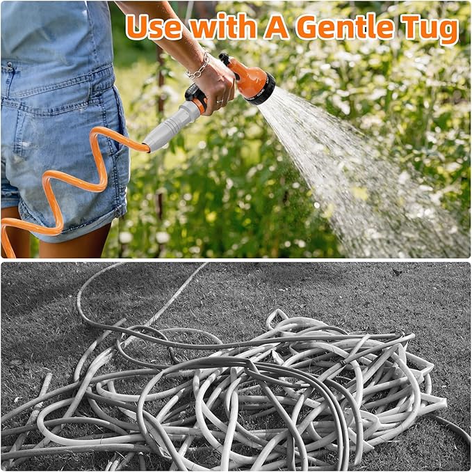 3/8” Lightweight Coil Garden Hose 50 FT, EVA Retractable Curly Water Pipe with 6-Pattern Spray Nozzle for Boat, Greenhouse, Yard, Patio (Orange)