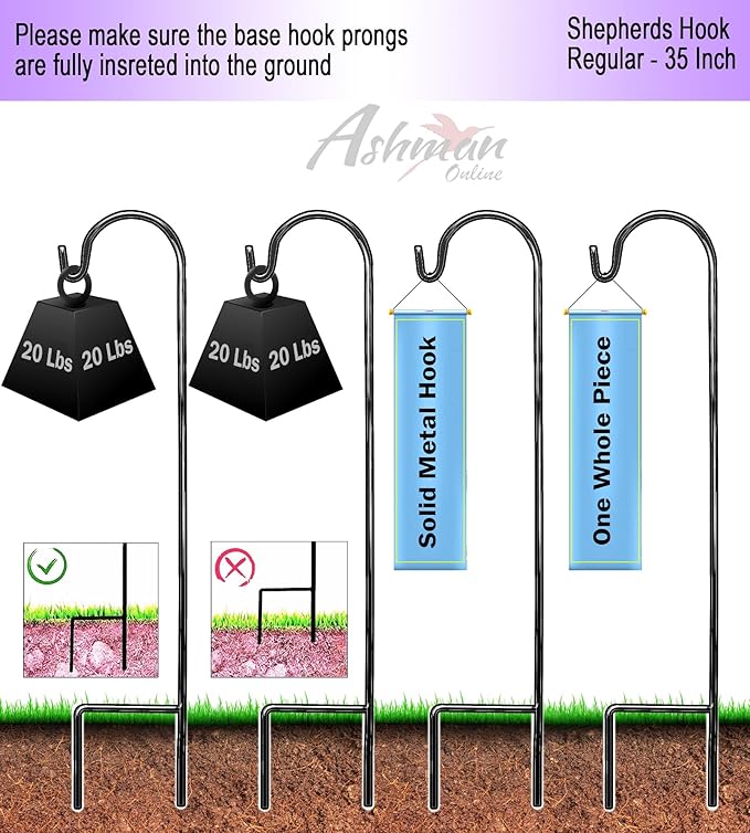 Ashman Shepherd's Hooks 35 Inch (20 Per Pack), Black, Made of Premium Metal for Hanging Solar Lights, Bird Feeders, Mason Jars, Christmas Lights, Lanterns, Garden Stakes and Wedding Décor.