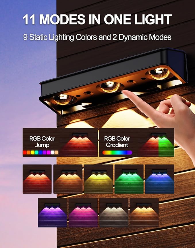 Solar Fence Lights 10 Pack, Outdoor Fence Light with 11 Modes RGB Color Glow LED Solar Lights, IP65 Outdoor Waterproof Wall Light, for Patio/Backyard/Deck/Fence/Railing
