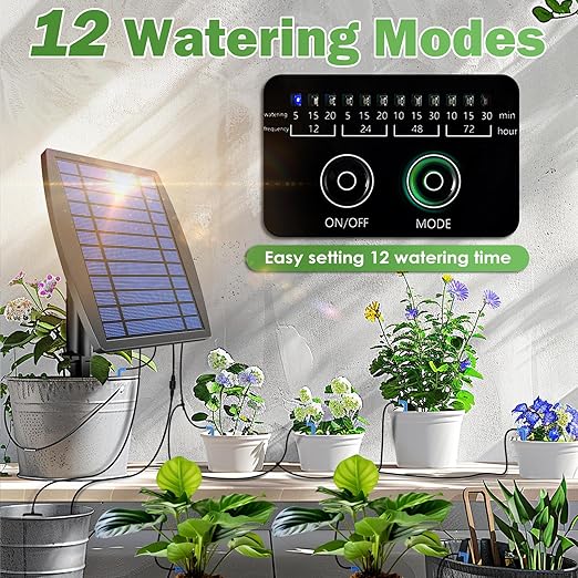 IPOW Upgrade 12 Timer Modes Supports 30 Pots 100% Anti-Siphoning Solar Irrigation System Automatic Watering System for Balcony, Indoor & Outdoor Plants, Garden, and Potted Plants