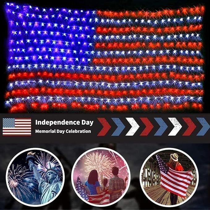 Solar American US Flag Lights [Solar & USB 2 Power Way], 420 LEDs Waterproof USA Net Lights, 6.75 FT x 3.53 for Garden, 4th of July, Independence Day Decoration