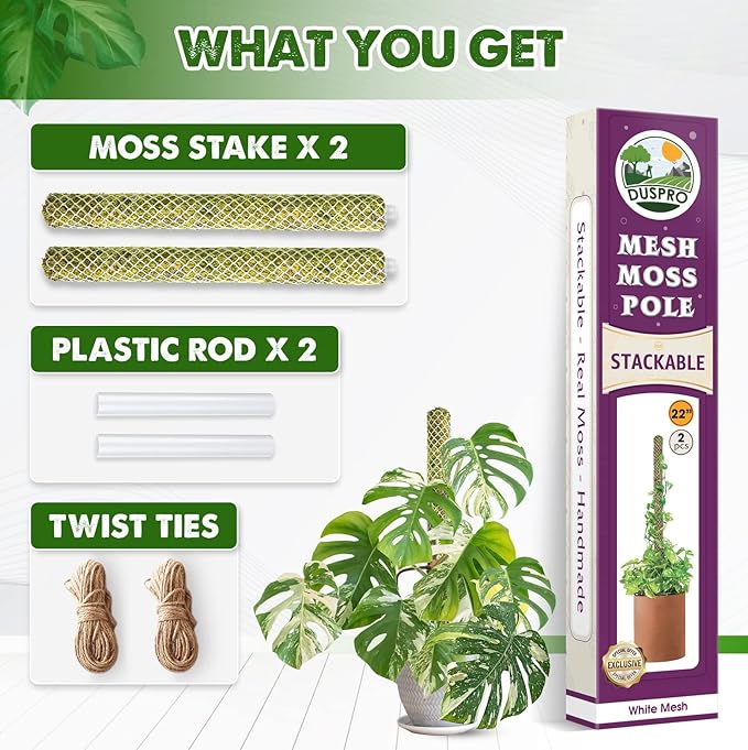 DUSPRO Stackable Mesh Moss Pole for Plants Monstera Potted Plant Stakes for Indoor Plants Extendable Plant Pole Moss Sticks for Plants Climbing Vine Supporting Monstera Trellis 2Pack 22''