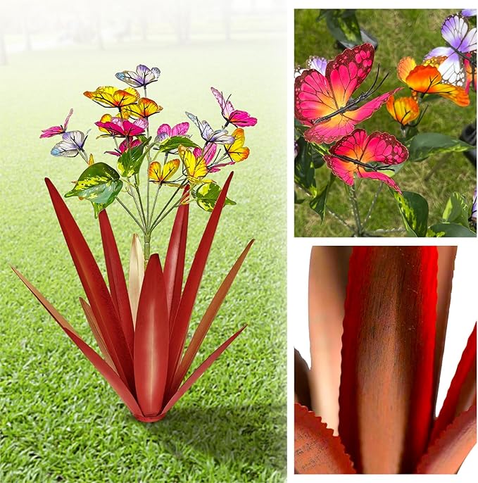 Garden Outdoor Butterfly Enlarge Thickened Wind Resistant Metal Agave Garden Art Metal Plant Country Sculpture Statue Decorations Ornaments Artificial Waterproof Butterflies(red 2pcs)
