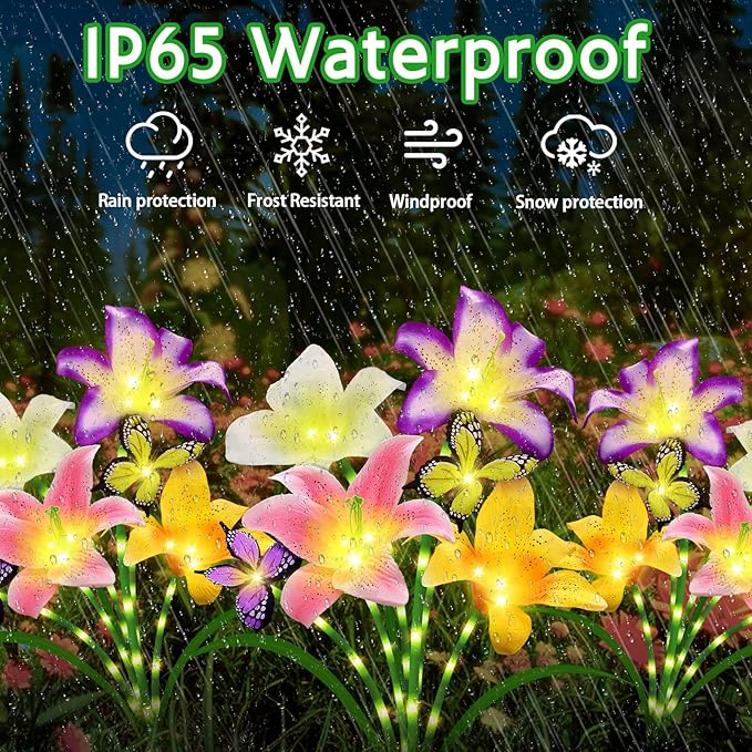Solar Garden Lights 4 Pack 16 Lily Flowers with Butterfly Decor, Waterproof Solar Flower Lights for Outdoor - Upgraded Decorative Lilies for Yard, Patio, Pathway Decorations & Gardening Gifts
