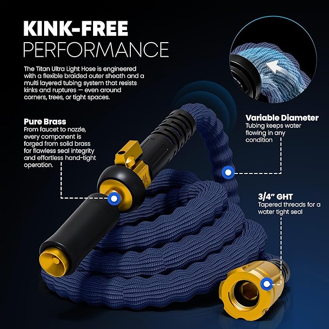 TITAN Flexible Garden Hose 30FT – Ultra Lightweight, Heavy Duty Water Hose with Brass Fittings & Jet Nozzle – Kink-Free, Non-Expanding, Durable Fabric Hose for Yard, Lawn, Car Wash, Outdoor Use