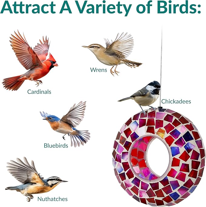 Sunnydaze 6-Inch Glass Mosaic Hanging Bird Feeder for Outdoors - Fly-Through Wild Bird Feeder - Crimson Mosaic